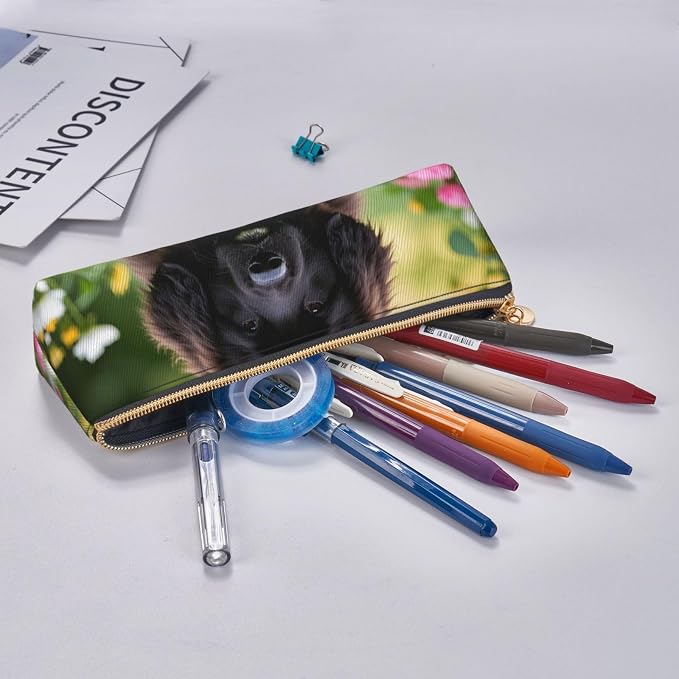 Leather Pen Case with Zipper - Aesthetic Pen Holder Cute Pet Newfoundland Dog Pencil Case for Women & Men - Handcrafted Pencil Bag Multi-Functional Travel Cosmetic Case for Work Office Tool Pouch