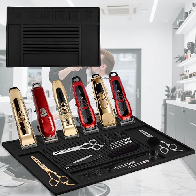 Magnetic Barber Mat for Clippers, Station Organizer with 6 Magnets | Silicone Material, Anti-Slip Surface, Heat-Resistant, Waterproof, Easy Clean, Tool Slots Design, For Barbershop & Salon