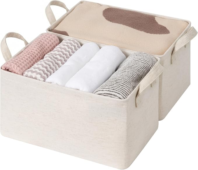 StorageWorks Fabric Storage Bins, Linen Closet Organizers, Beige, 2-Pack | With Reinforced PU Handles, Metal Frame, Sturdy Structure, Collapsible, for Closet, Shelves, Holds Clothes, Towels, Blankets