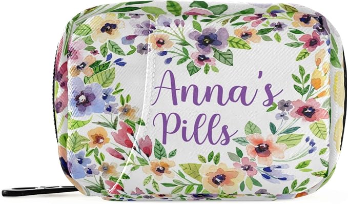 Custom Pill Box 7 Day Pill Case Bag Watercolor Spring Flowers Personalized Name Travel Pill Organizer Bag with Zipper Portable Weekly Case Compact Size for Vitamin Supplement Holder