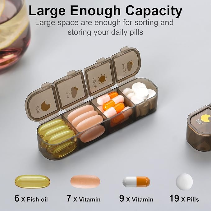 Acedada Pill Organizer 4X A Day, 7 Day Pill Box 4 Times A Day, Brown | Large Weekly Pill Box, Travel Medicine Organizer Case, Easy to Open, Daily Pill Container for Vitamin, Fish Oil, Supplements