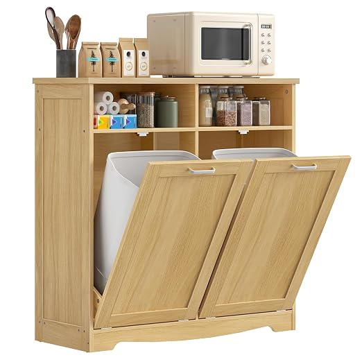 HOOBRO Double Tilt Out Trash Can Cabinet, 20 Gallon Kitchen Trash Bin Cabinet, Hidden Trash Storage with Open Compartments, Hidden Laundry Hamper, for Kitchen, Laundry, Natural NL04LJ01