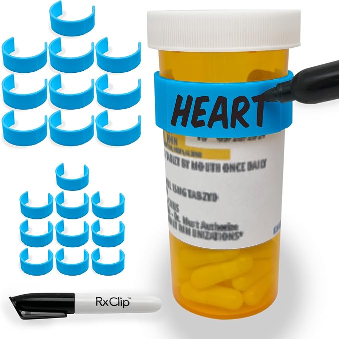20 Pack Medicine Bottle Label Clips for Easy Medication Identification - 20ct Multipack with Marker (Blue)