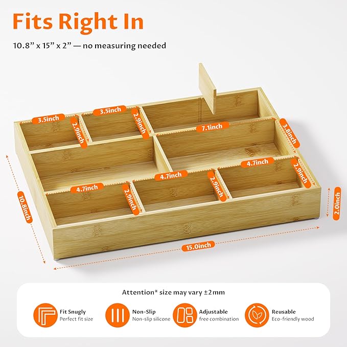 Bamboo Drawer Organizer with 9 Adjustable Compartments, Desk Storage Tray | Natural Bamboo, Flexible Modular Trays, Water-Resistant, Adjustable, Excellent Organization, Easy to Clean, Non-Slip Design