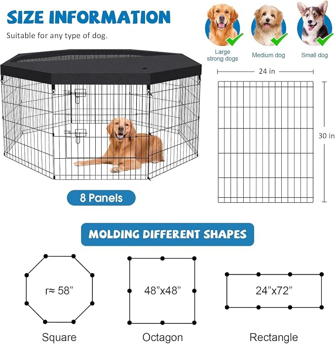 Artmalle Dog Playpen 30" H, 8 Panel 24" W Pen with Door & Octagonal Pad | Eight 24"W x 30"H rustproof metal panels with door and waterproof 600D Oxford octagonal bottom pad for indoor use.
