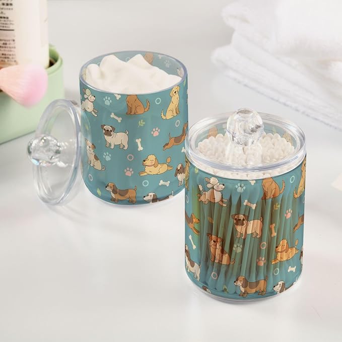 2 Pack Plastic Cotton Swab Ball Pad Holder Pets Blue Dogs Print Jars Bathroom Storage Organizer Bathroom Jars with Lid for Cotton Ball Swab Cotton Rounds Hair Clips