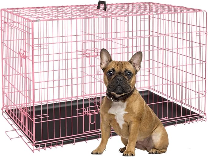 30 Inch Medium Dog Crate, Heavy Duty Dog Crates for Medium Dogs, Metal Wire Folding Dog Cage with Removable Trays, Locks, Double-Door, Divider Panel, Handle, Puppy Crate Pet Crate (30 in, Pink)
