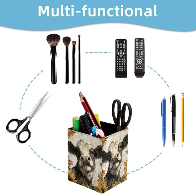Retro Cow Pen Holder for Desk Decor, Rectangular PVC Leather Pencil Cup for Desk Pen Organizer, Makeup Brush Holder for School, Home, Office