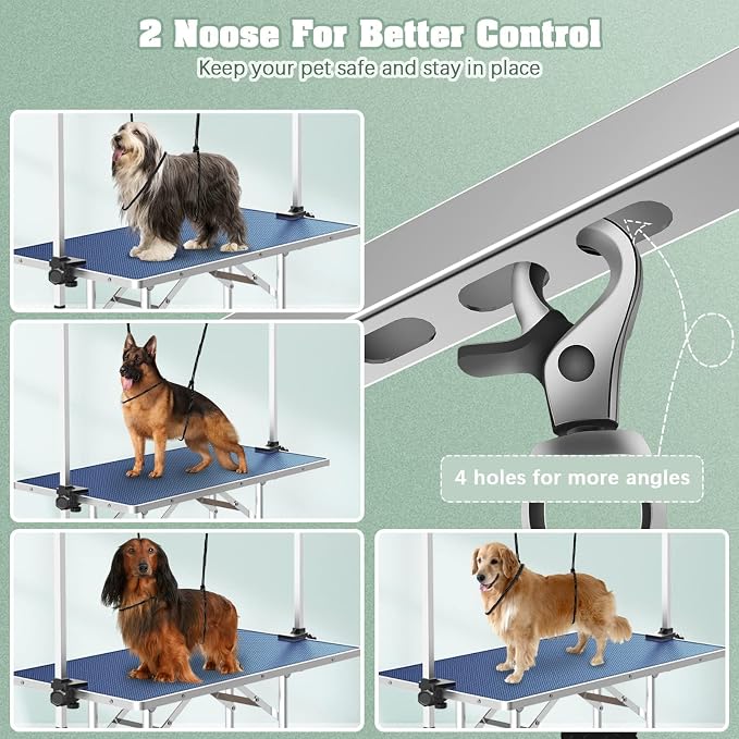 42'' Stainless Steel Pet Dog Grooming Table, Arm/Noose/Tray, Blue | Foldable Dog Grooming Table for Dogs at Home, Adjustable Height Arm, Non-Slip Waterproof Tabletop, Capacity 330Lb