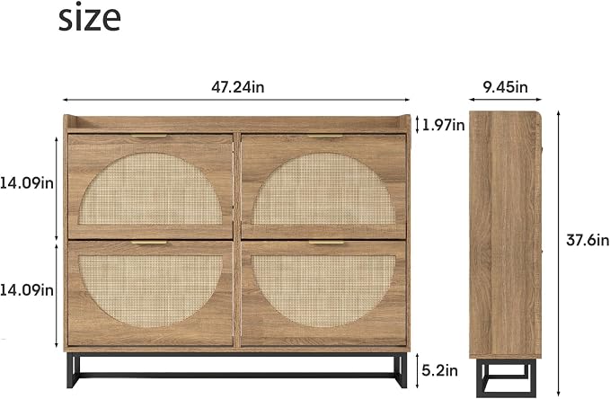 Maupvit Large Rattan Shoe Storage Cabinet with 4 Flip Drawers, Freestanding Shoe Organizer with Metal Legs for Entryway, Hidden Golden Handles, Narrow Shoe Rack Cabinet, Rustic Oak Rattan