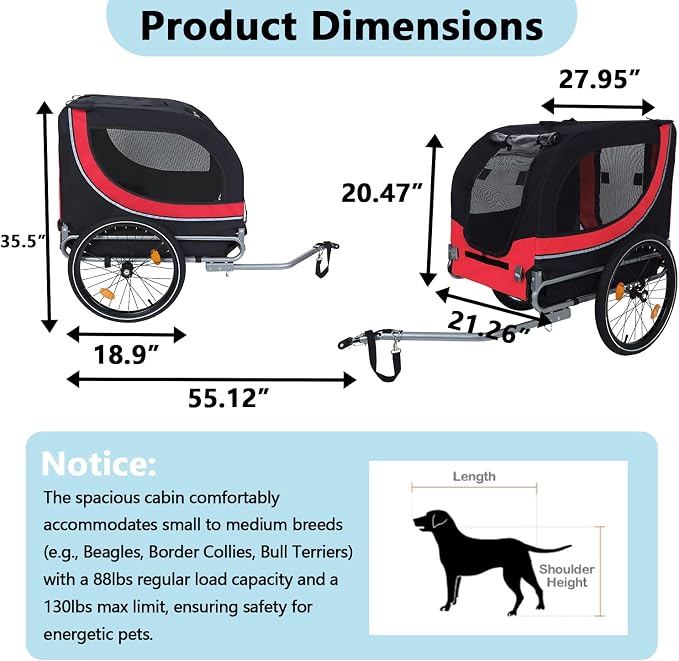 Large Dog Bike Trailer with 18.9" Wheels - 120LB Capacity Dog Trailer for Bike, Foldable Pet Bike Trailer for All-Terrain Cycling, Jogging & Camping