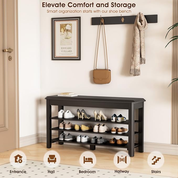 IUNVR Shoe Rack Bench Seat Rubberwood 3-Tier Wooden Storage Bench 550lbs Compact Mid-Century Modern Design for Entryway, Hallway, Closet, Front Door Entrance, Foyer