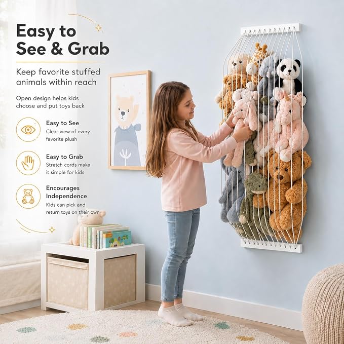 Stuffed Animal Storage Wood Soft Toy Storage for Kids Room，Wall Mount Door Hanging Stuffed Animal Toy Organizer Shelf for Nursery Play Room White -Patent