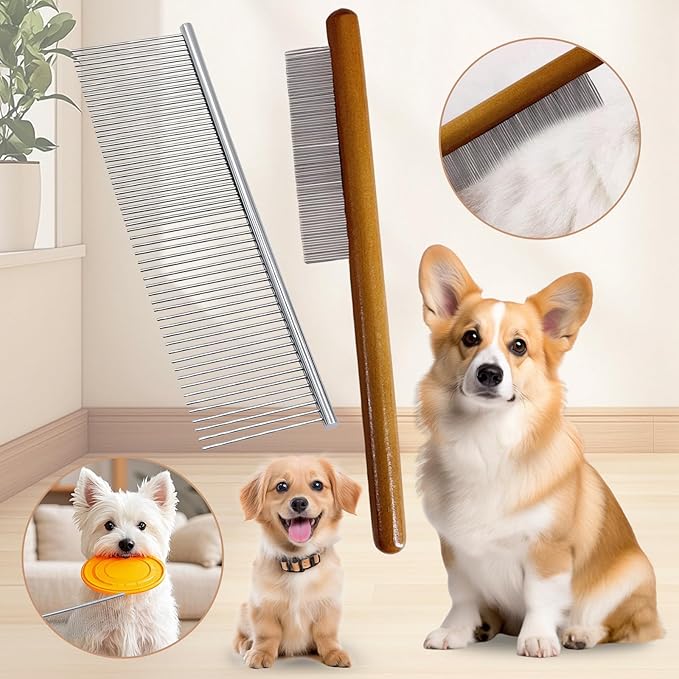 3 Pcs Slicker Brush for Doodle Dogs - Wooden Handle Grooming Comb Set for Goldendoodle, Labradoodle, Poodle - Detangling Tool for Wavy & Curly Hair, Mats & Tangles Removal (Small/Big Dogs & Cats)