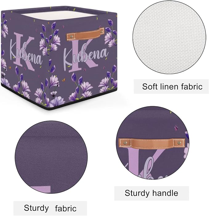 Personalized Name-Initial Purple Flower Storage Baskets for Women Girls, Custom Portable Square Storage Bins with Handles Foldable Organizer for Clothes, Toys, Blanket, Towel,Pet 13”