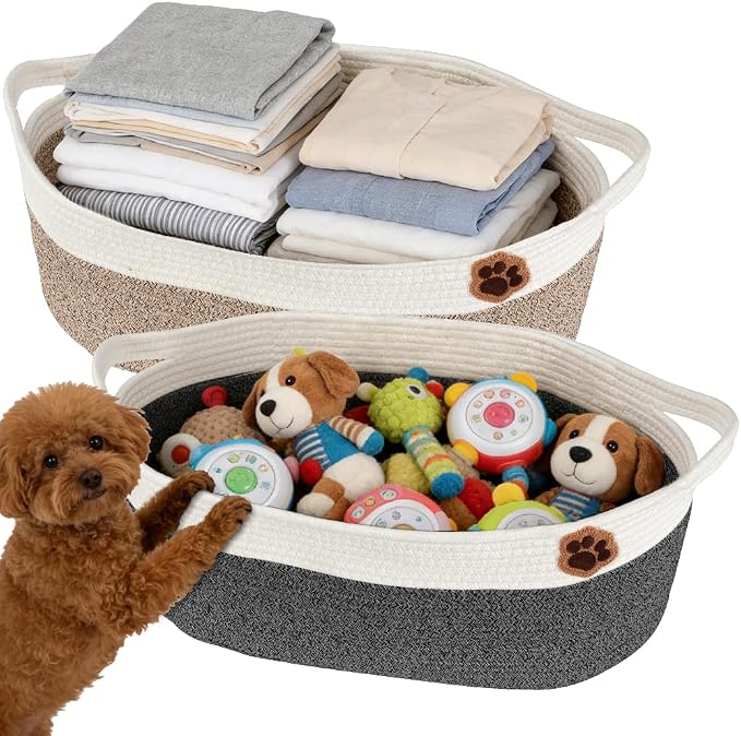 SZEE 2 Pack 30L Large Dog Toy Basket, Nursery Blanket Storage Basket for organizing, Woven Blanket Storage for Living Room, Laundry Basket with Triple-Reinforced Handles, 19.7"×11"×7.9", Brown+Gray