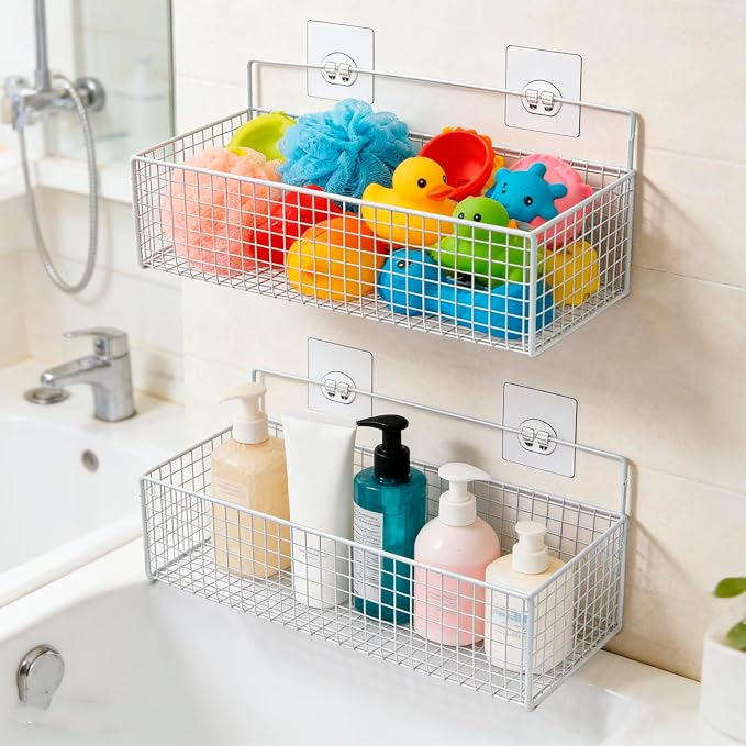 Bath Toy Storage, 2 Pack Metal Mesh Bath Toys Organizer for Bathtub Wall & Shower, Large Capacity Shower Toys Holder with Rustproof Hanging Basket Design for Restroom, Toilet, Bathroom, Kitchen-White