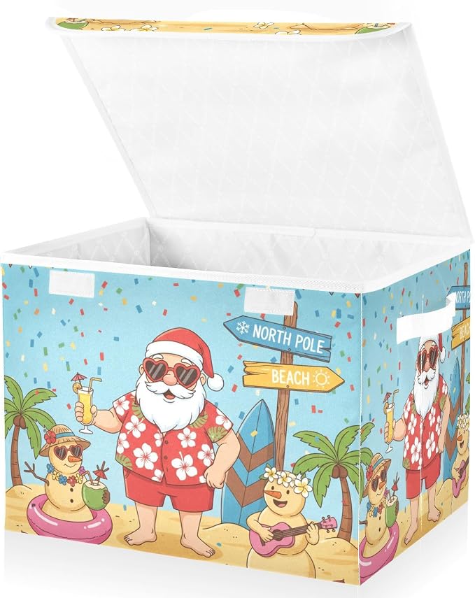 Fabric Storage Bins with Lid Tropical Santa Beach Closet Storage Basket 40L | Foldable & Stackable, Flip Top Dust Guard, Reinforced Handles, Home & Bedroom, Clothes & Toys, Oxford Print Basket