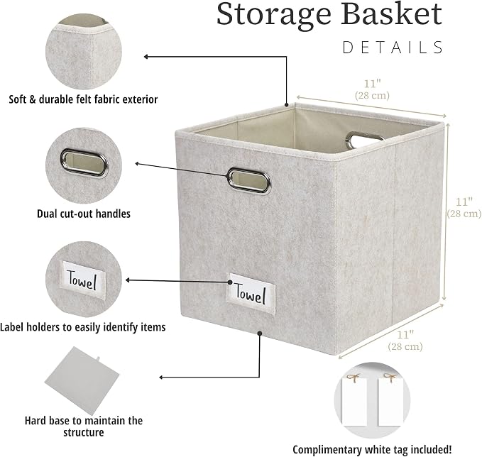 DECOMOMO Felt Storage Bins, 11 inch Cube Storage Bin with Labels | 6 Pack Storage Baskets for Shelves, Kallax (Beige)
