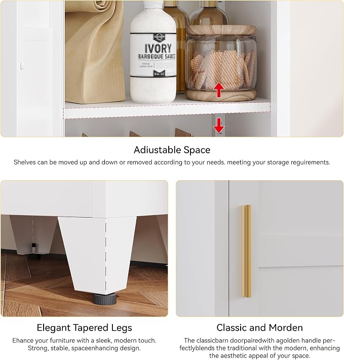 YAUWOH White Narrow Metal Storage Cabinet, Tall Freestanding Cabinet with 4 Adjustable Shelves & Barn Doors, Pantry Organizer for Bathroom Kitchen Home Office Dining Room（1PC,White）