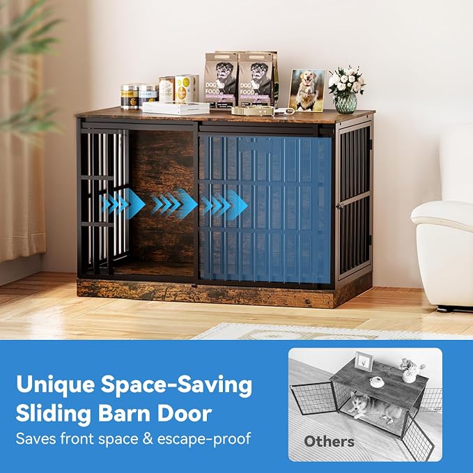 Petrova 47" Dog Crate Furniture with Name Tag, Heavy Duty Dog Kennel Indoor for Large/Medium Dogs, Wooden Dog Cage with Sliding Barn Door, Decorate House as TV Stand, End Table, Rustic Brown