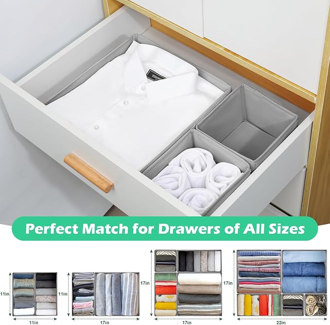 Drawer Clothing Organizer 16-Pack, Grey Underwear Dividers | Multiple sizes Fabric Folding Wardrobe Organizer, Storage Bins Store Baby Clothes, Bras, Underwear, Panties, Belts,Socks,Ties