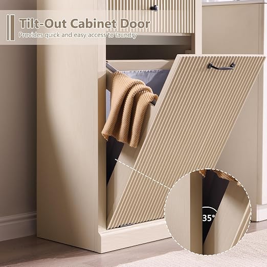 IFGET Tilt-Out Trash Can Cabinet, Modern Laundry Hamper Cabinet, Cream