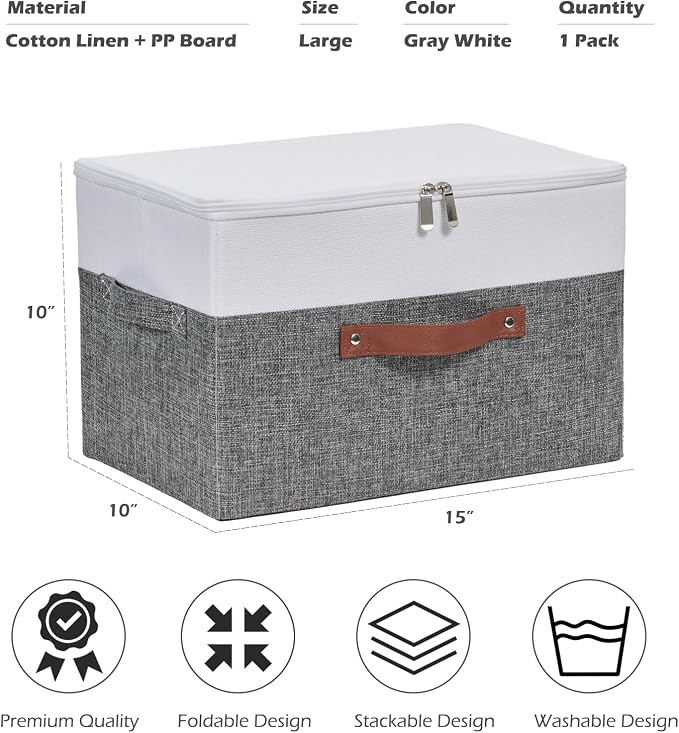 Storage Bins with Zipper Lids Decorative Lidded Baskets Boxes | Clothes Container, Closet Shelf Organizer, Foldable Washable, Cotton Linen Fabric, w/ PU Leather Handles, Gray White, Large