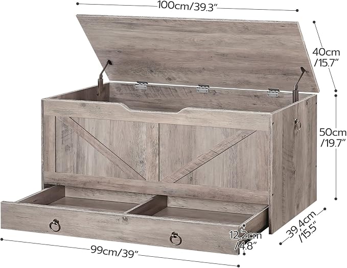 HOOBRO Storage Chest, 39.3" Toy Chest with Drawer, Wooden Storage Bench, Sturdy Entryway Bench Supports 220 lb, Safety Hinge, U-Shaped Opening, Easy Assembly, Greige BG710CW01G2