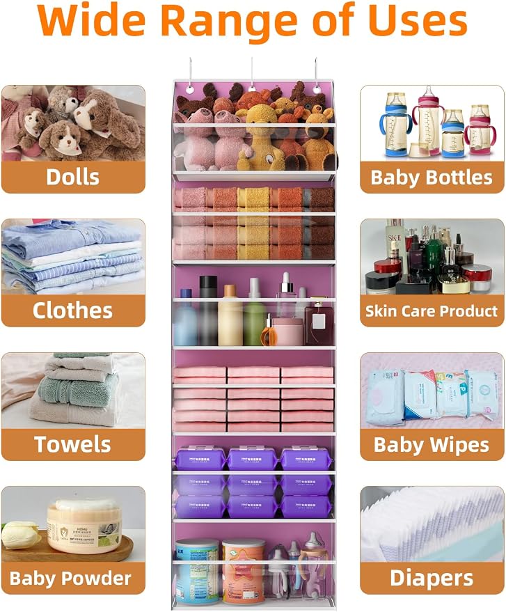 Over the Door Organizes- 6 Tier Stuffed Animal Storage, Bathroom Organizers and Storage, Swing-proof Hanging Organizer for Toys/Nursery Newborn Baby Essential Stuff (Clear-pink)