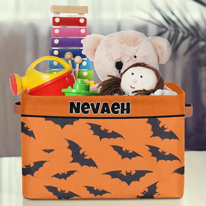Personalized Kids Toy Box Name, Custom Nursery Baskets Cubes Box, Girls Custom Storage Basket Laundry Baskets Organizer with Handles, Black Bats Pattern Orange Background