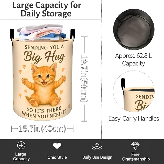 Get Well Gifts for Women Laundry Basket, Cat Hug Foldable Oxford Cloth, Waterproof Dirty Clothes Hamper with Handles, Clothing Storage Bin Toy Organizer for Bedroom Dorm Bathroom, 19.7"x15.7"