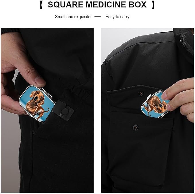 Dachshund Weiner Pet Dog Pill Box Travel Pill Organizer 2-Compartment with Mirror Design Portable Square Medicine Case for Vitamins, Jewelry & Essentials Durable Pocket Pillcase for Purse, Camping