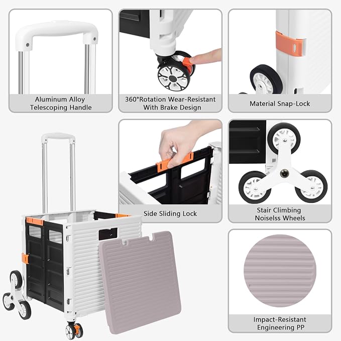 FELICON SELORSS Folding Utility Climber Cart Portable Rolling Crate-White | Stair Climbing Wheels+360°Swivel Wheels,Telescoping Handle,Plastic Box Dolly for Travel Shop Move Laundry Office Teacher Use
