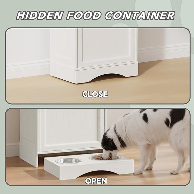 FIMELLO 21 ''WX 13''DX39''H Dog Feeding Station with 2 Feeding Bowls, Tilt-Out Dog Food Storage Cabinet with Drawer,Pet Feeder Cabinet,White Grain
