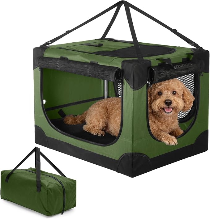24" Small Dog Crate,Portable Crate for Small Dogs, Portable Travel Pet Crates,Soft Dog Crate Collapsible Dogs Crate,with 4 Mesh Doors, Foldable Car Kennel for Puppy with Handle for Outdoor - Green