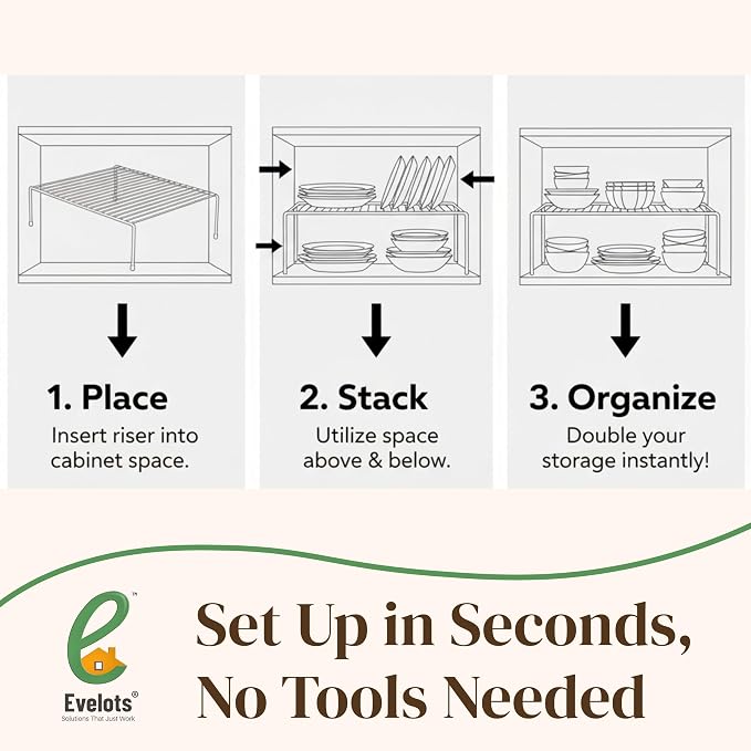 Evelots Wire Shelf Organizer, Large Metal Cabinet Risers, 4-Pack, Black | Four large rustproof metal shelf organizers create extra storage space in kitchen cabinets, pantries, freezers and bathrooms.