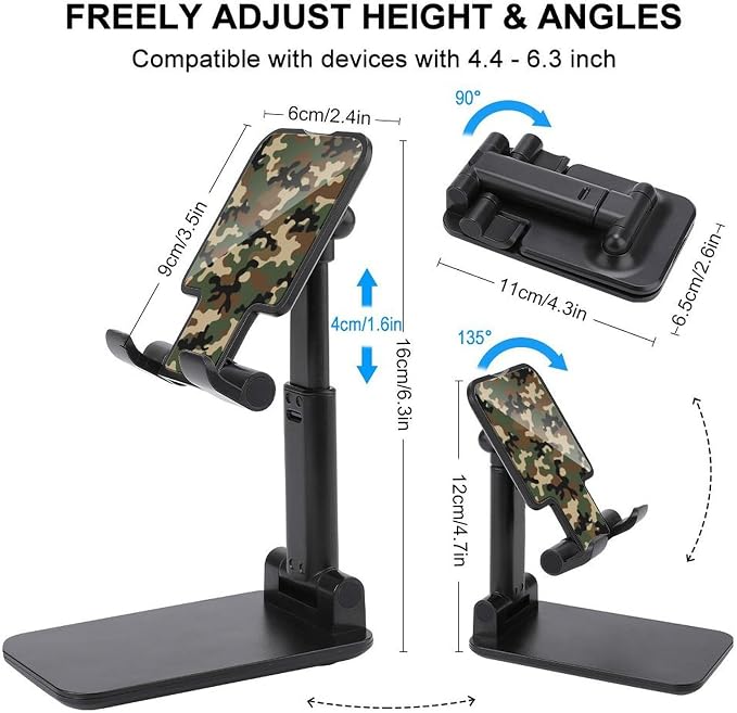 Multi Angle Foldable Dark Brown Camouflage Cell Phone Desk Stand | Anti Slip, Desktop Smartphone Holder, Compatible with 4"-13" Tablet, Travel Office