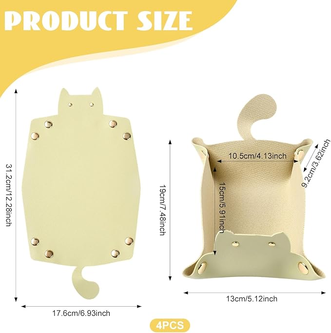 Craftdady 4 PCS Foldable Vanilla Leather Tray Cute Cat-Shaped Valet Tray