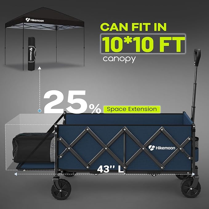 43'' Extra Long Folding Wagon with Extended Tailgate, Blue | Wagons Carts Foldable, 360LBS Heavy Duty, Compact Portable, Utility Collapsible for Shopping/Beach/Garden/Camping/Sports