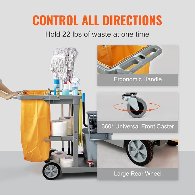 VEVOR Cleaning Cart, 3-Shelf Commercial Janitorial Cart, 200 lbs Capacity Plastic Housekeeping Cart, with 25 Gallon PVC Bag, 47" x 20" x 38.6", Yellow+Grey