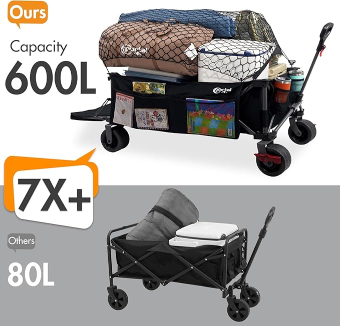 Portal 26" Extra Wide 55" Long Foldable Wagon with Tailgate, Large 600L Collapsible Wagon with Cargo Net, 500 LBs Heavy Duty Utility Cart with Big All-Terrain Wheels for Beach, Camping, Sports, Dogs | 26" Extra Wide 55" Long Wagon with Cargo Net, Heavy...