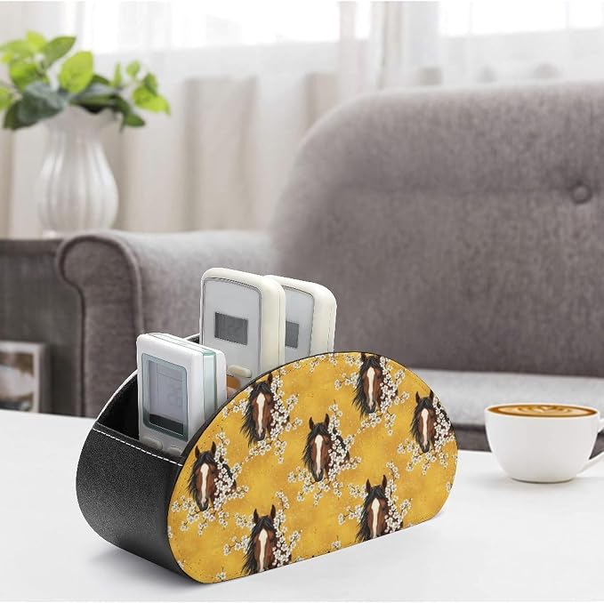 TV Remote Control Holders Horse Flower Yellow Office Desktop Storage Cup | 5 Compartments, Pu Leather, Horse Flower Yellow, Media Controllers Supplies Makeup Brush