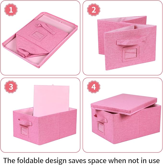 Storage Bins With Lids Closet Organizer Cabinet Box For Clothes,Toys,Shelf | 2 Pack, 17"X 12"X 2", Collapsible, Stackable, Dustproof, Built-In Handle, Label Slot, Linen Fabric, Cardboards, Pink