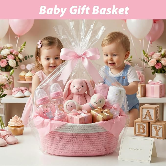 woric Baby Gifts Basket 12 x 8 x 5 in Small Woven Basket Rope Baskets | Soft Cotton for Wedding Gifts Empty Baby Shower Toy Storage Girls Birthday (Pink with Gift Bag Card Ribbon Tissue Paper)