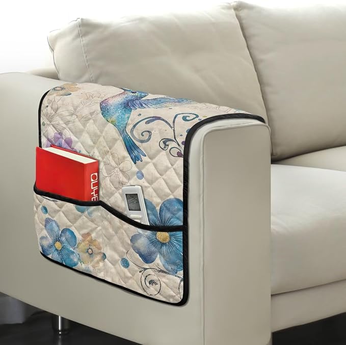 Blue Hummingbird Stretch Armrest Covers Couch Arm Cover Non-Slip Arm Rest Covers with 2 Pockets Armchair Slipcovers for Recliner Furniture Protector Home Decor
