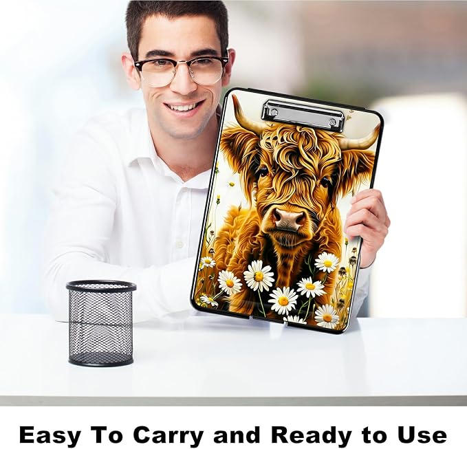 Flower Yellow Cow A4 Clipboard with Storage Pen Holder, Clipboards Organizer Nursing Clipboard Foldable File Folder Plastic Clipboard Folio Clip Board for Office Students Classroom Doctor