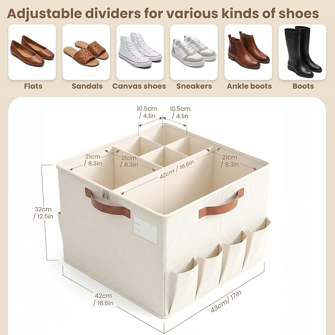 Varhomax Shoe Organizer Box for Closet, Fabric Storage Basket | Foldable Shoe Bin with Adjustable Dividers & Clear Cover, Saving Space Sneakers & Sandals Containers for Entryway, Cubby