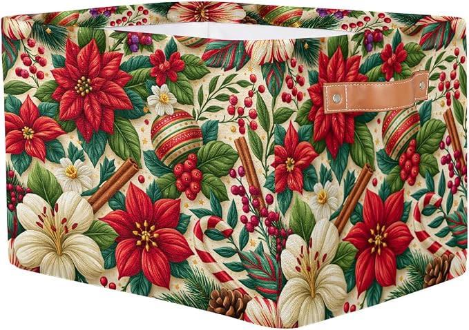 Christmas Basket Storage Bins Rectangle Canvas Basket Cube Storage Box | Nursery Foldable Basket with Handle for Kids Girls Boys Toys Living Room Closet Organizer Shelf Gifts Poinsettia Bell