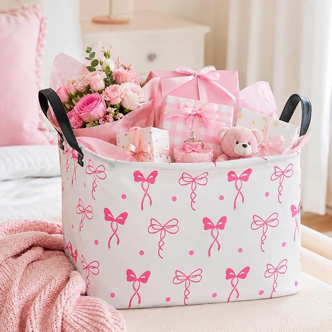 Pink Bow Storage Basket for Girls Room, Foldable Toy Organizer Bin | Pink Bow Design with Cotton Linen Fabric, Waterproof Lining, Leather Handles and Foldable Style for Girls Room Storage